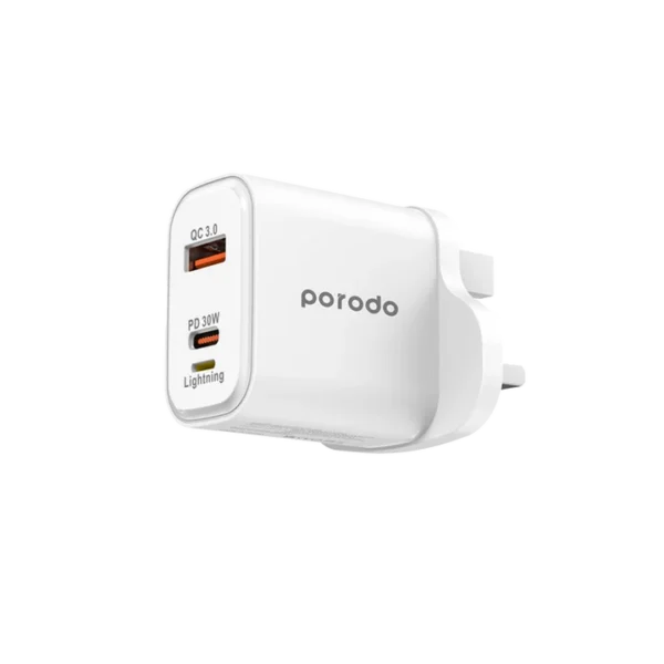 Porodo Triple Port PD QC Lightning 30W Wall Charger with Braided USB-C